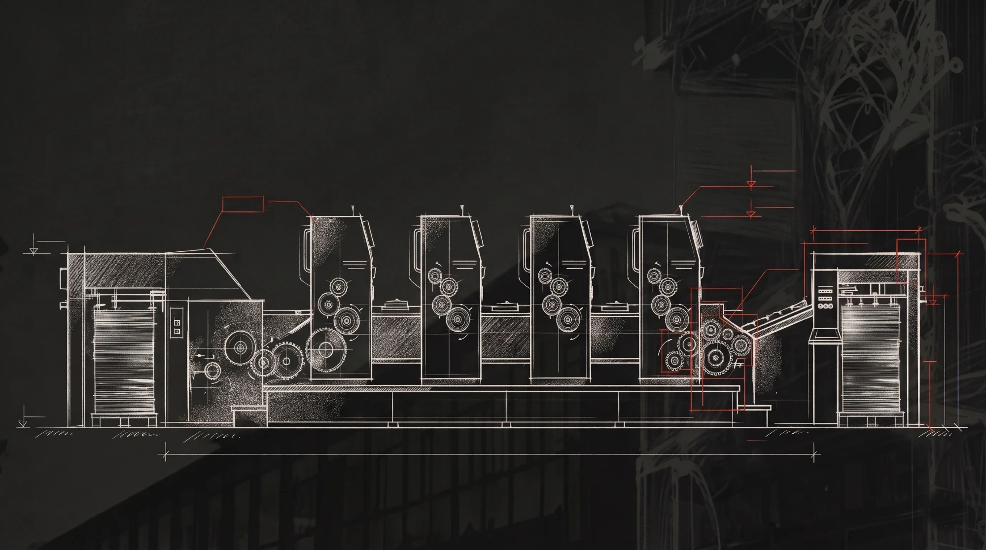 Line drawing of a four-unit sheetfed offset press with feeder and delivery